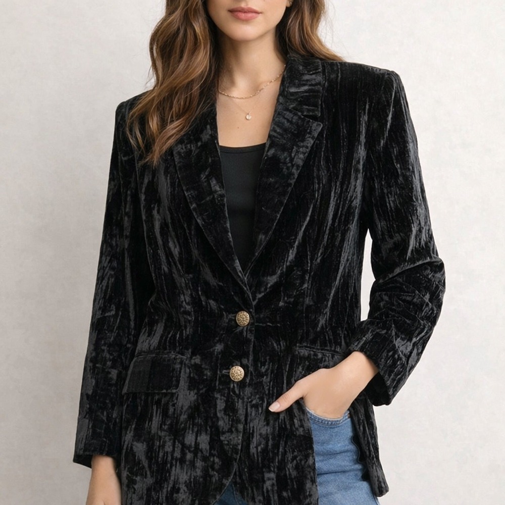 Express Vintage Velvet Blazer Women S Black Whimsigoth Crushed Longline‎ Jacket
